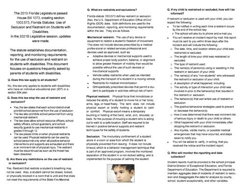 Restraint Seclusion Info for Parents
